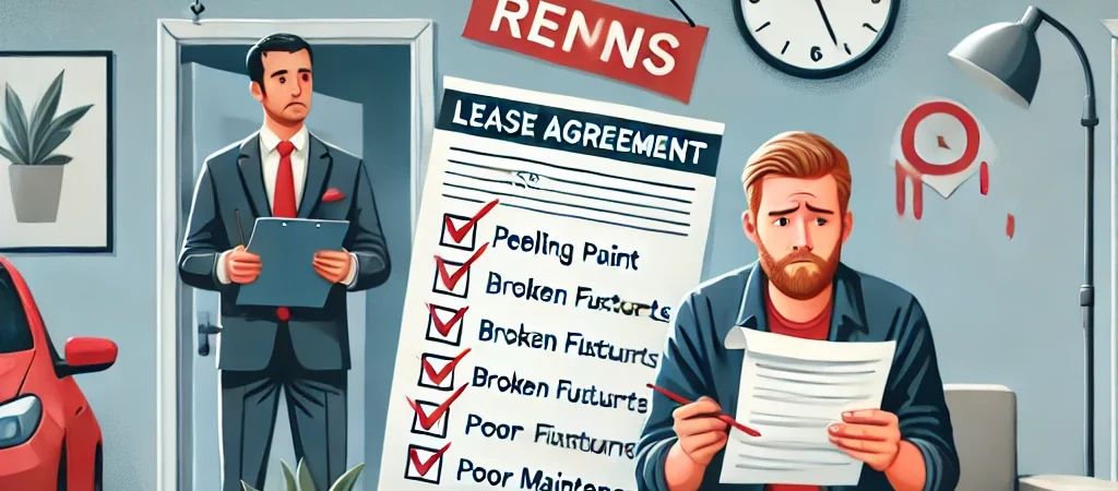 Dall·e 2025 03 18 04.10.34 an apartment rental scene where a first time renter is reviewing a lease agreement while noticing red flags. the setting includes a modern apartment w