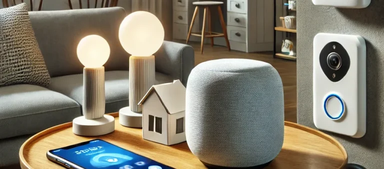 Dall·e 2025 03 20 22.09.33 a modern home interior featuring a smart home starter kit setup. visible devices include a smart speaker on a coffee table, smart bulbs illuminating a